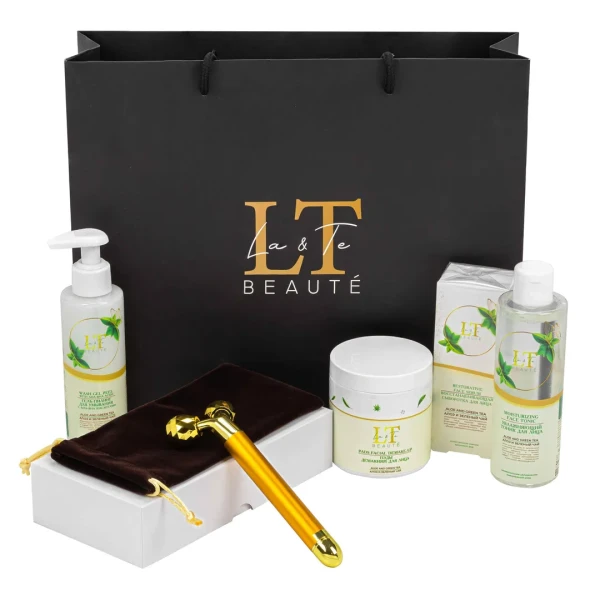 Набор Алоэ и зеленый чай(массажер( белая уп)гель-пилинг.тоник для лица.сыворотка для лица.ПЭДЫ.пакет черный 27*32)