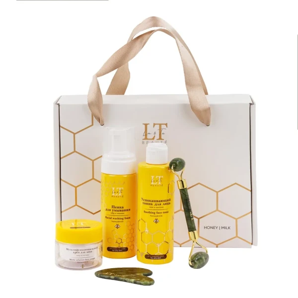 Набор Мед и молоко для жирной кожи лица(тоник LT-1213,крем-LT1237.пенка-LT-1275.скребок гуаша.массажный ролик зеленый)