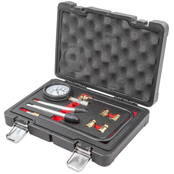 Тестер компрессии бензинового двигателя(0-20bar,удл-ль 500мм ,удл-ли прямой/изогнутый 150мм,адаптеры:М10х1.0,М12х1.25,М14х1.25,М18х1.5)в кейсе''Premium
