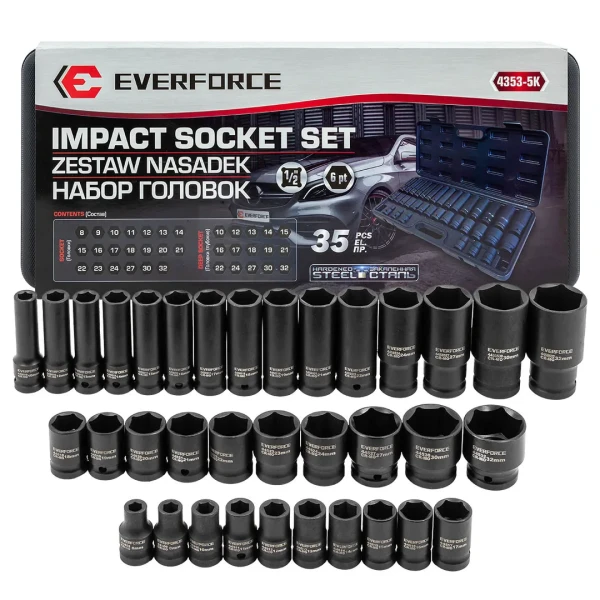 Набор головок 35 пр. (короткие 38мм: 8-23, 24, 27, 30, 32мм, глубокие 78мм: 10, 12-19, 21, 22, 24, 27, 30, 32мм) в пласт.кейсе