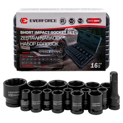 Набор головок ударных коротких 16пр.1/2''(6-гр.)(10,12-17,19,21,22,24,27,30,32мм(36мм-12гр)+удлинитель 75мм),в кейсе