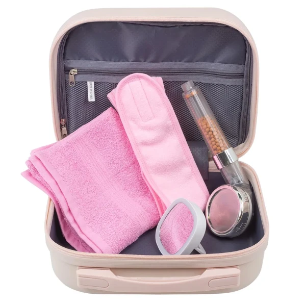 Набор(сумка розовая 2149#+полотенце+зеркало52870+повязка на голову на липучке+лейка для душа52061)