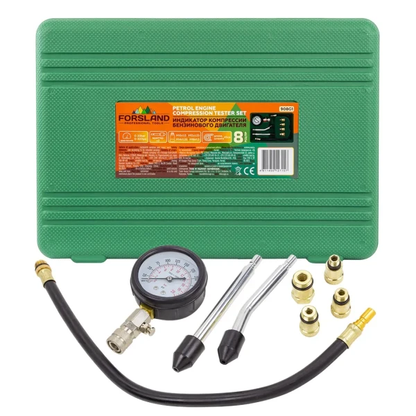 Индикатор компрессии бензинового двигателя Profi 8пр.(0-21Bar, М10, М12, М14, М18 + 2 жестких прижимных адаптера-переходника) , в кейсе