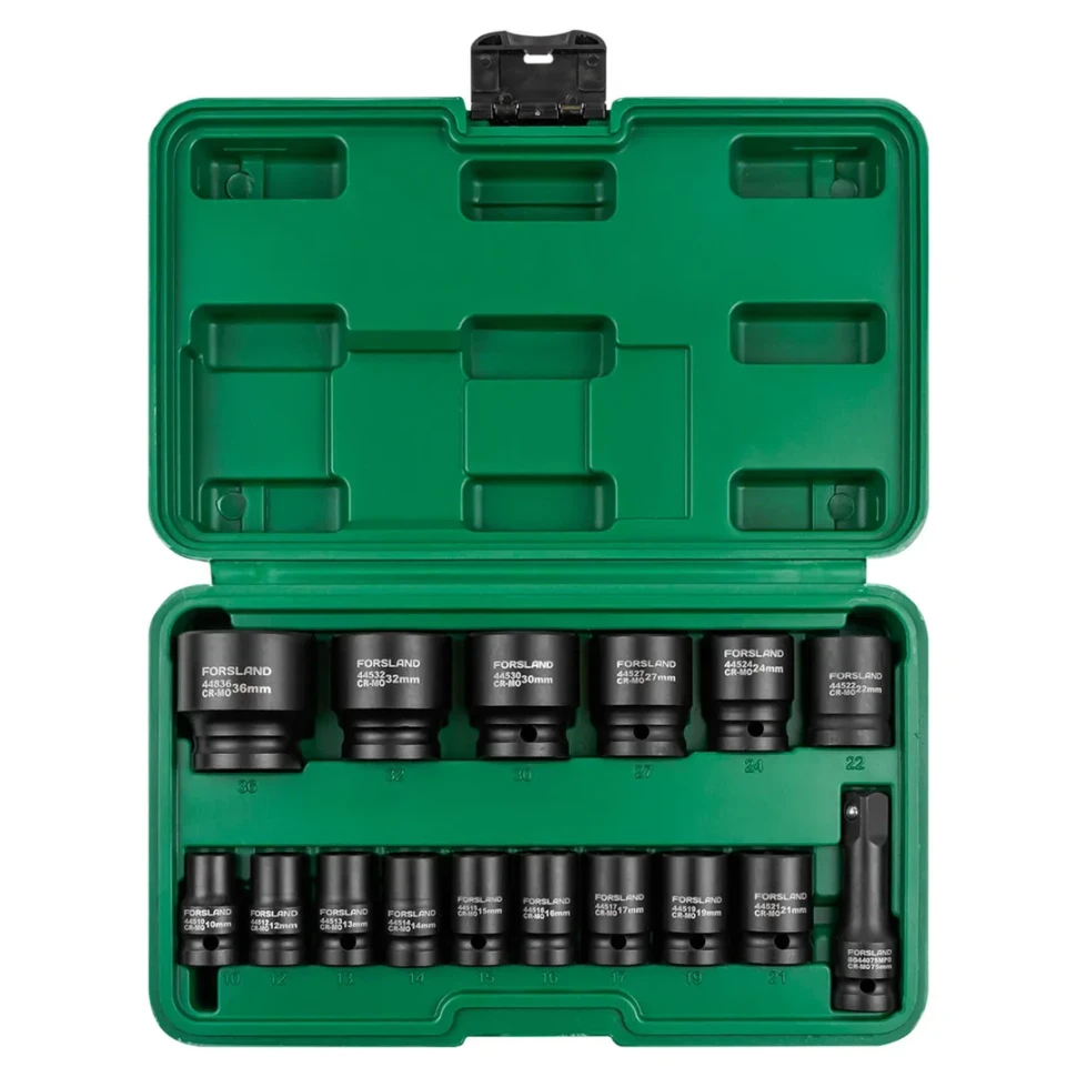 Набор головок ударных коротких 16пр.1/2''(6-гр.)(10,12-17,19,21,22,24,27,30,32мм(36мм-12гр)+удлинитель 75мм),в кейсе