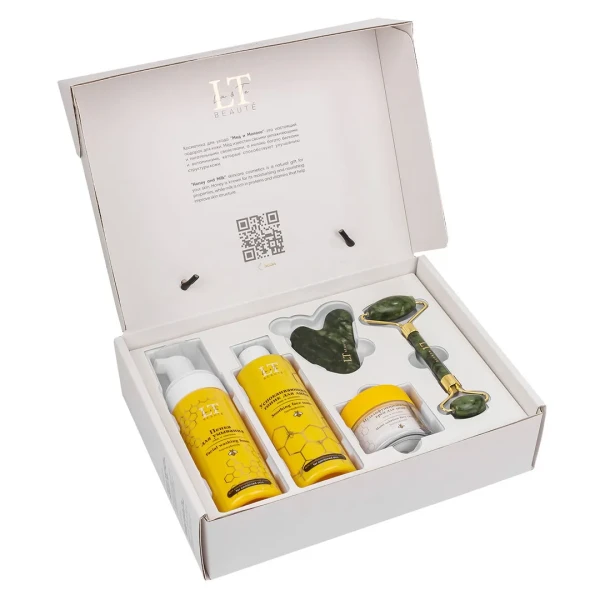 Набор Мед и молоко для комбинированной кожи лица(тоник LT-1213,крем-LT1220.пенка-LT-1268.скребок гуаша.массажный ролик зеленый)