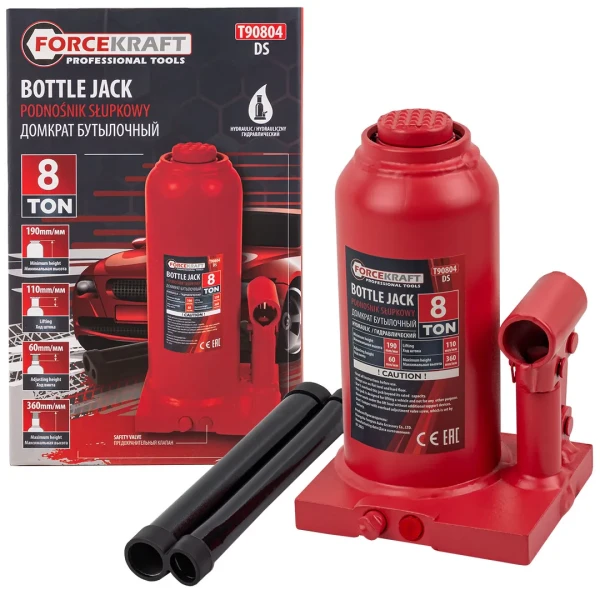 Домкрат гидравлический бутылочный, 8т (с предохранительным клапаном, минимальная высота: 190 мм, ход штока: 110 мм, ход винта: 60 мм, максимальная выс