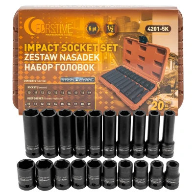 Набор головок 20пр., 1/2''(6гр.) (короткие 38мм/глубокие 78мм: 10-19мм) в пласт.кейсе
