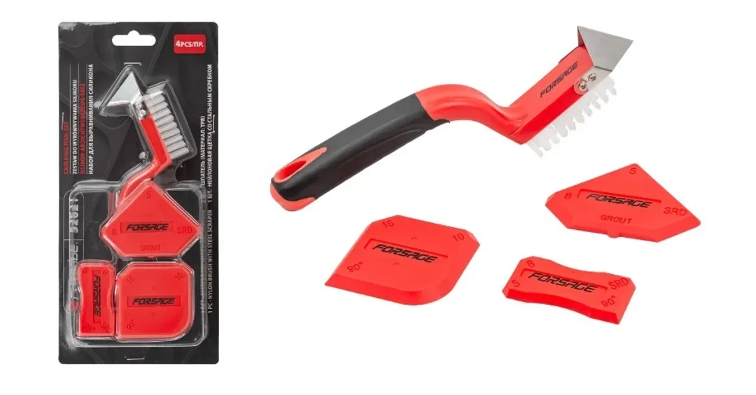 Набор шпателей с нейлоновой щеткой для выравнивания силикона 4пр, в блистере